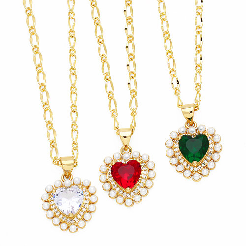 Style simple décontracté en forme de coeur en acier inoxydable plaqué cuivre incrusté de perles Zircon plaqué or 18 carats pendentif collier Long collier