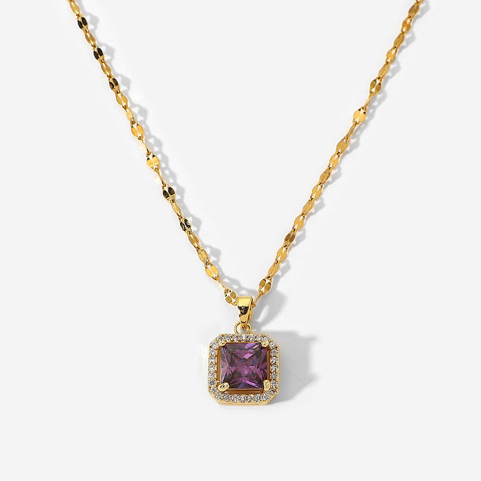 Modische Edelstahlkette mit Mikro-Intarsien-Zirkon-Halskette mit violettem quadratischem Zirkon-Anhänger