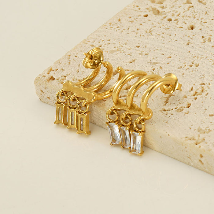 1 Paar elegante C-förmige, rechteckige, plattierte Ohrhänger aus Edelstahl mit 18 Karat vergoldetem Kristall