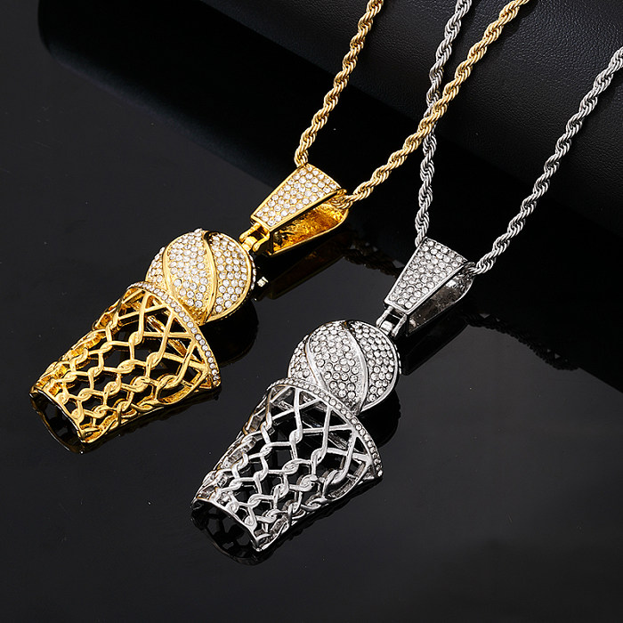 Hip-Hop Vintage Style Rock Basketball Stainless Steel  Alloy Plating Inlay Zircon Gold Plated Silver Plated Pendant Necklace