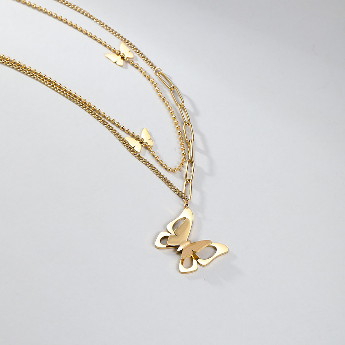 Schlichte, glänzende Schmetterlings-Halsketten aus Edelstahl mit mehreren Lagen
