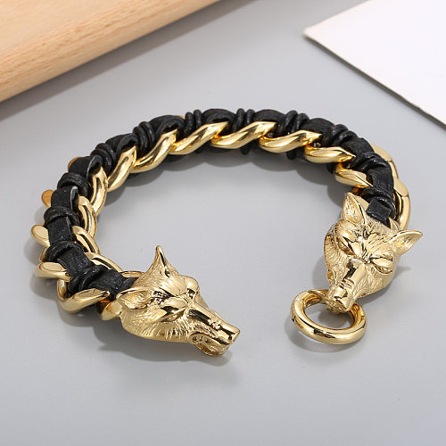 Bracelet Tressé en Cuir et Acier Inoxydable Loup Animal Mode 1 Pièce