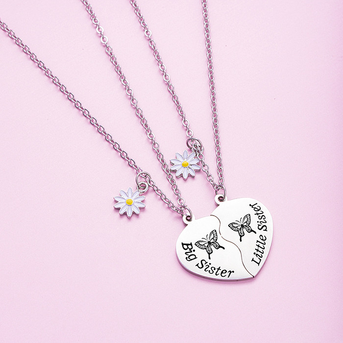 French Style Letter Butterfly Daisy Stainless Steel  Carving Pendant Necklace