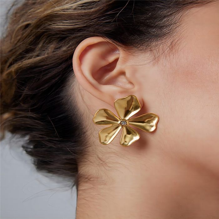 1 Pair Sweet Flower Polishing Plating Inlay Stainless Steel  Zircon 18K Gold Plated Ear Studs