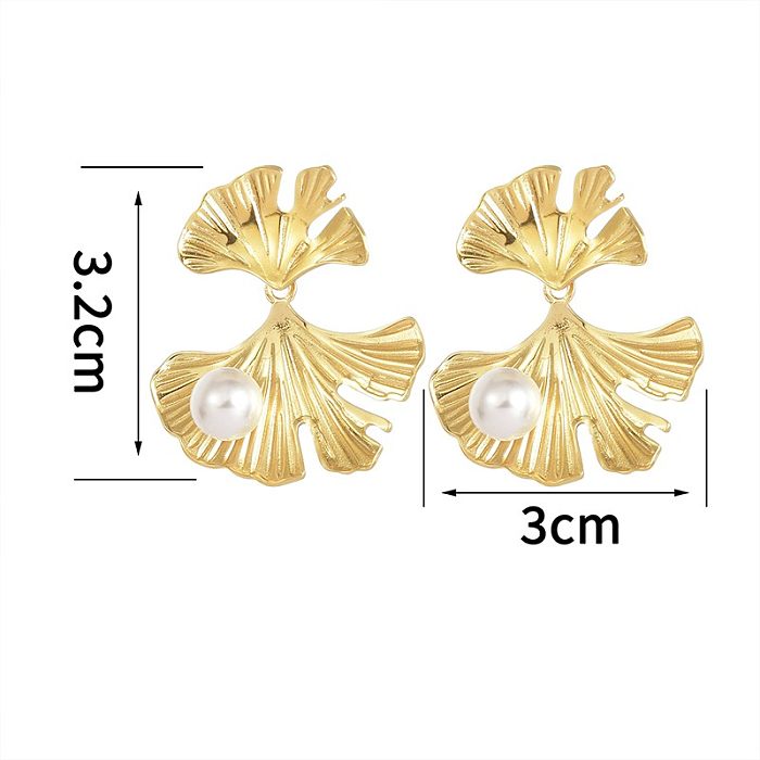 1 paire de boucles d'oreilles pendantes en acier inoxydable, Style moderne et élégant, incrustation de feuilles de Ginkgo, perle plaquée or 18 carats