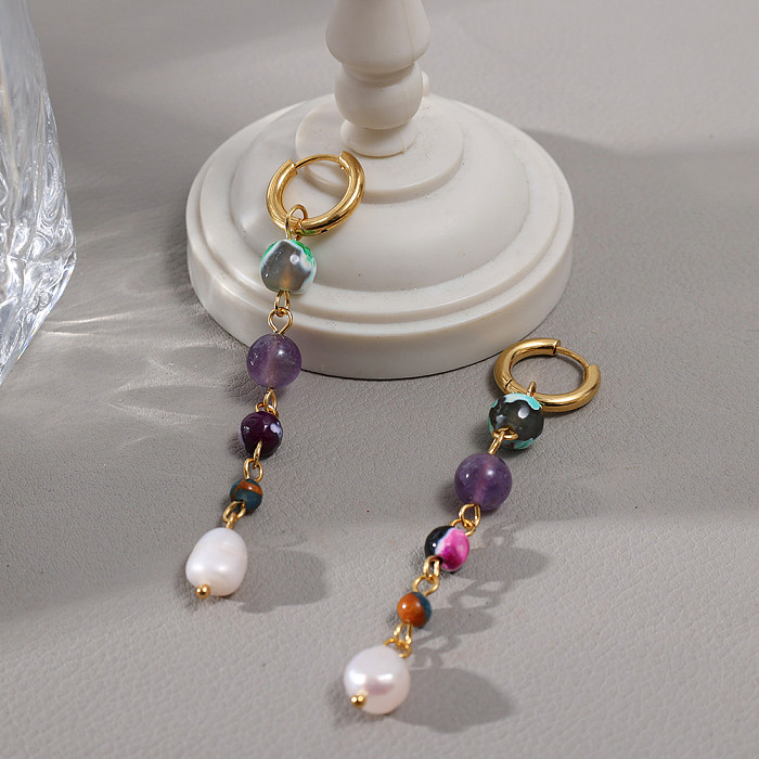 Boucles d'oreilles pendantes rondes en acier inoxydable avec perles, 1 paire