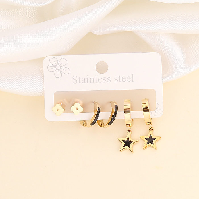 New Stainless Steel  Bear Heart Moon Eye Five-pointed Star Earrings Set