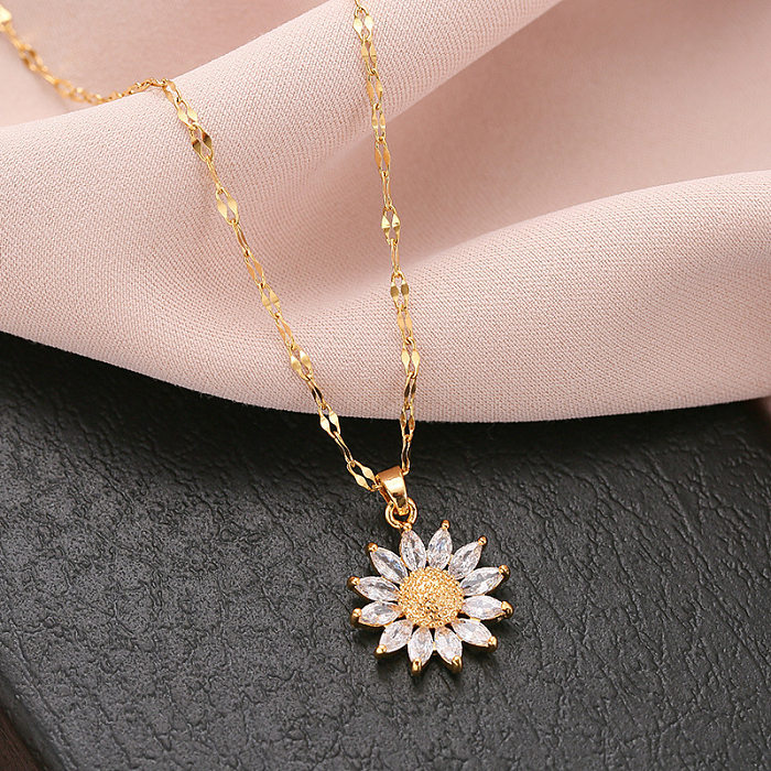 Lady Flower Stainless Steel Plating Inlay Artificial Gemstones Pendant Necklace