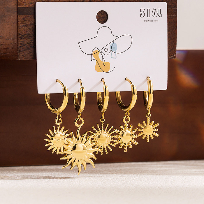 1 Set Formal Simple Style Artistic Sun Star Moon Scallop Star Stainless Steel  Zircon 14K Gold Plated Drop Earrings
