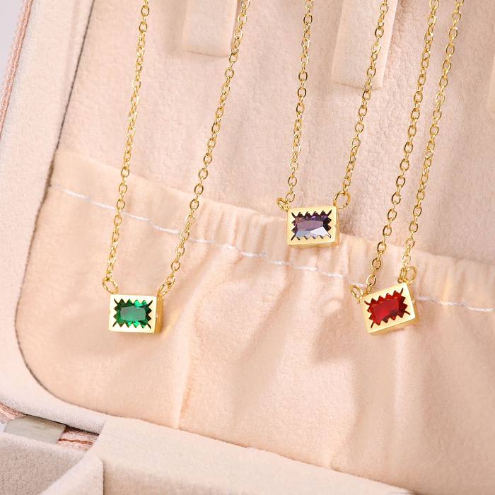 Simple Style Commute Square Stainless Steel Plating Inlay Carving Zircon 18K Gold Plated Pendant Necklace