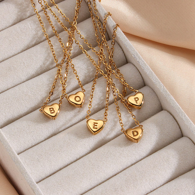 Fashion Electroplated 18K Gold Heart-Shaped Letter Zircon Pendant Stainless Steel  Necklace