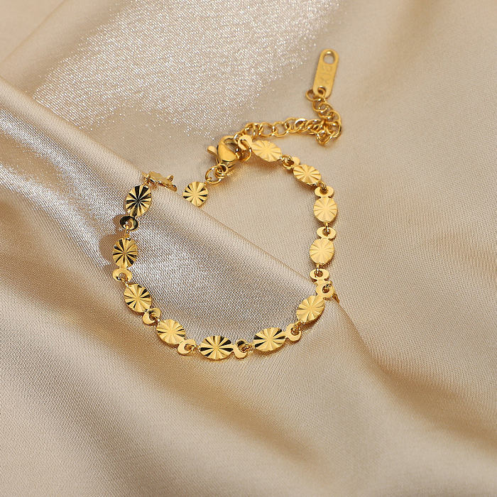 Moda artesanal flor oval pétala corrente pulseira de aço inoxidável banhado a ouro