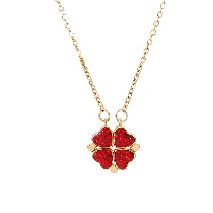 Retro Four Leaf Clover Stainless Steel Inlay Rhinestones Pendant Necklace 1 Piece