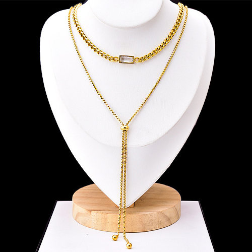 Fashion Tassel Rectangle Stainless Steel Gold Plated Rhinestones Layered Necklaces 1 Piece