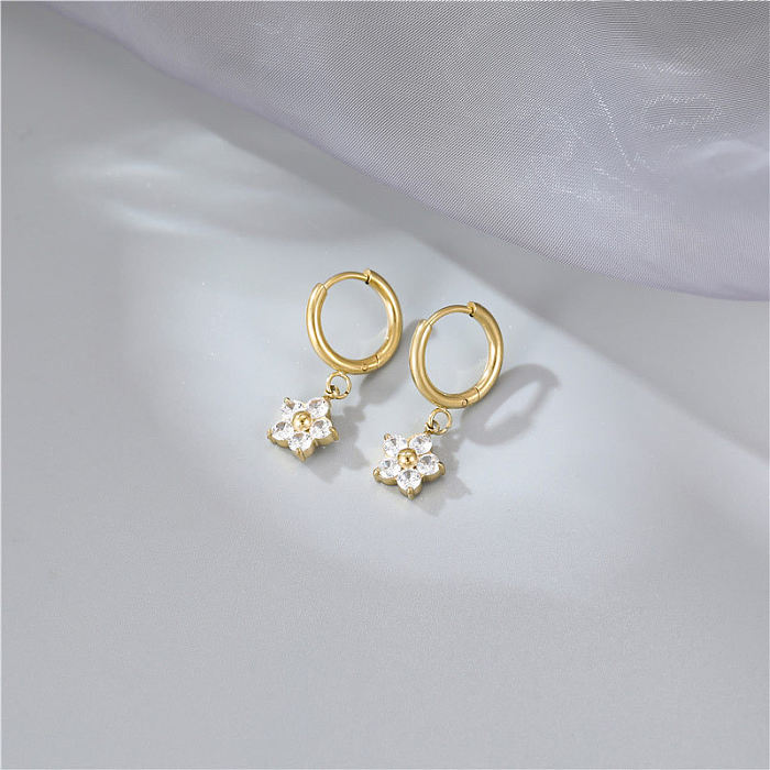 Fashion Flower Stainless Steel Plating Inlay Artificial Diamond Drop Earrings 1 Pair
