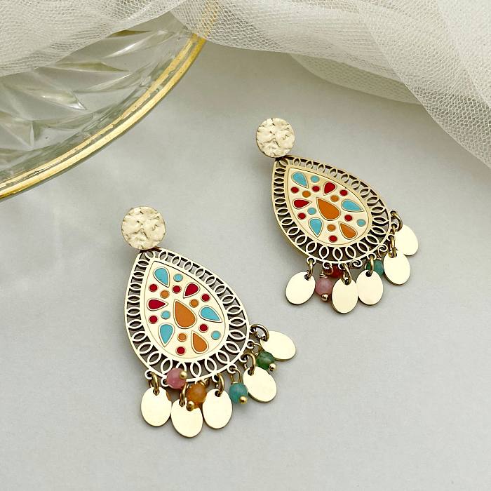 1 Pair Ethnic Style Water Droplets Stainless Steel  Enamel Drop Earrings