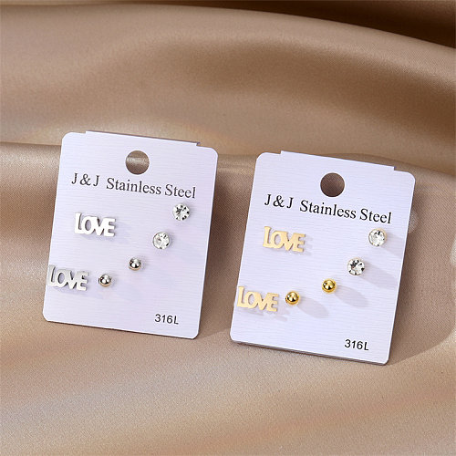 3 paires de clous d'oreilles en acier inoxydable avec incrustation de zircon, style simple, amour