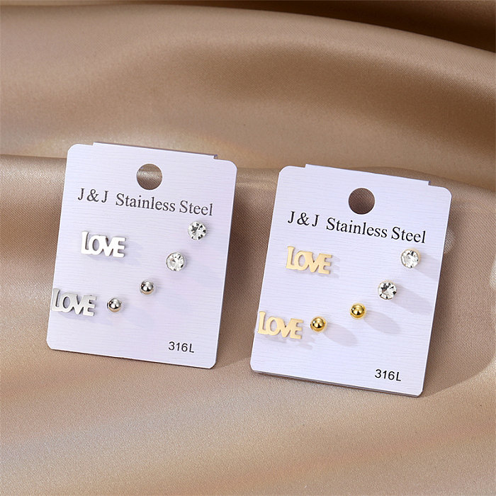 3 Pairs Simple Style Love Stainless Steel  Inlay Zircon Ear Studs