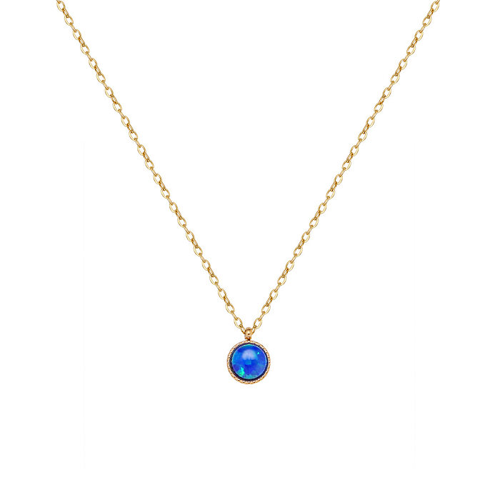 Collier plaqué or en acier inoxydable avec pierre d'opale ronde de couleur blanche et bleue