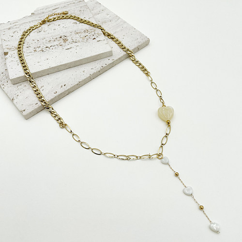 Glam estilo simples artístico formato de coração em aço inoxidável com borla banhada a ouro 14K colar