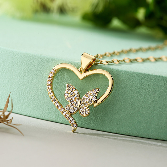 IG Style Einfacher Stil Herzform Schmetterling Vogel Edelstahl Kupfer 18 Karat vergoldet Zirkon Anhänger Halskette in großen Mengen