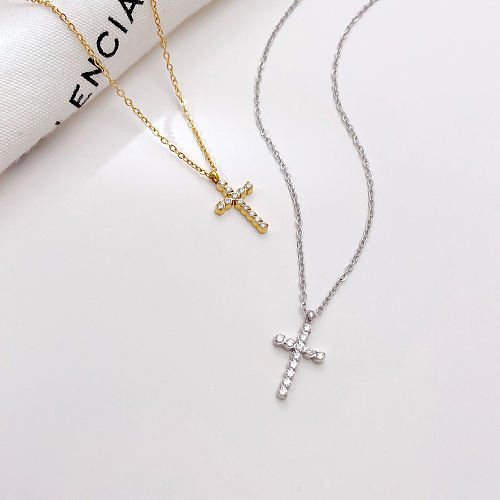 Lässige, elegante Halskette mit Kreuz-Anhänger aus Edelstahl mit Inlay-Zirkon-Beschichtung