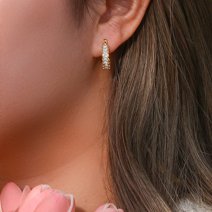 Fashion Stainless Steel  Plated 18K Gold Double Side Zircon Earrings