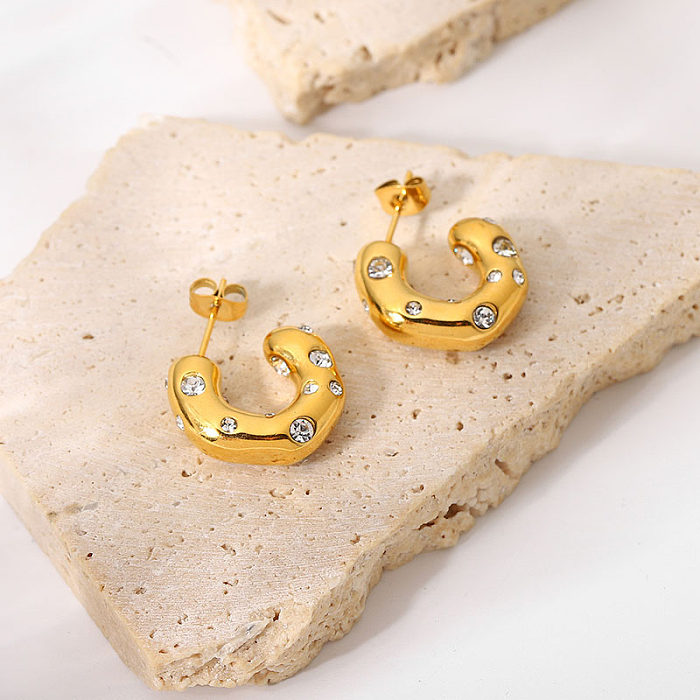 1 Pair Casual Simple Style C Shape Plating Inlay Stainless Steel  Stainless Steel Rhinestones 18K Gold Plated Ear Studs