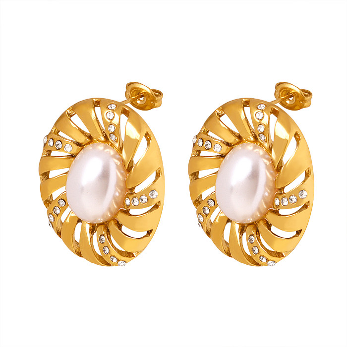 Pendientes chapados en oro de 1 quilates con incrustaciones ovaladas de estilo barroco, elegantes y lujosos, perlas artificiales de acero inoxidable, diamantes de imitación, 18 par