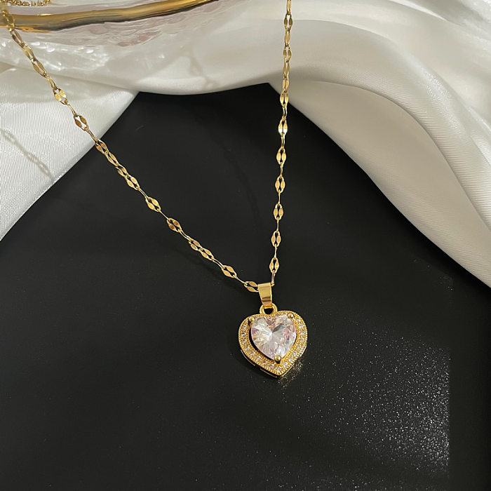 Luxurious Heart Shape Stainless Steel Inlay Artificial Gemstones Pendant Necklace