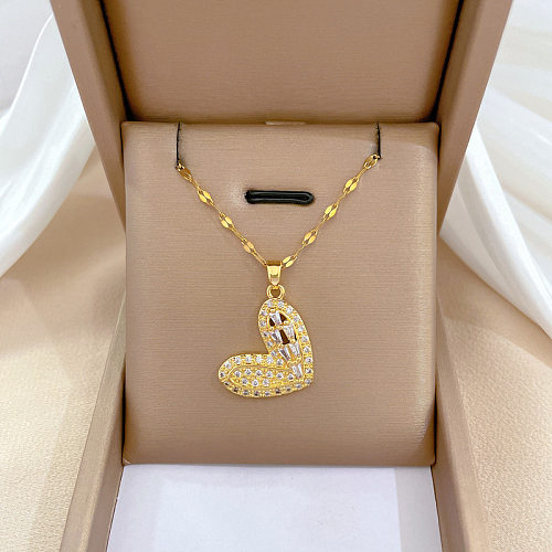 Collier pendentif en forme de cœur mignon, incrustation en laiton et acier inoxydable, pierres précieuses artificielles