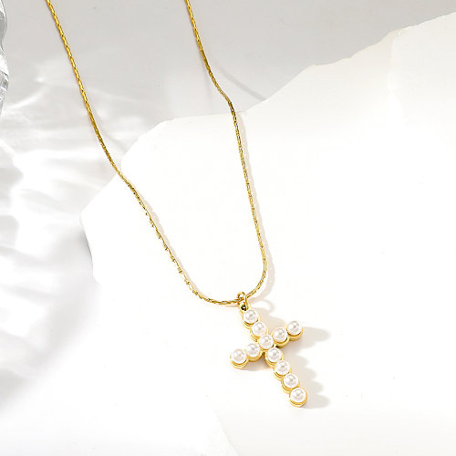 Einfache, moderne Halskette mit Kreuz-Anhänger, Edelstahl-Beschichtung, Intarsien, künstliche Perlen, 18 Karat vergoldet