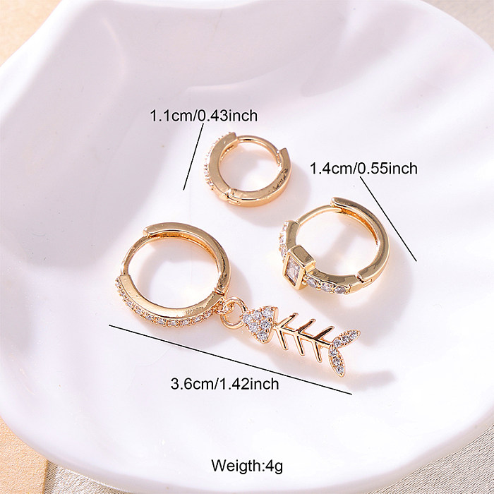 3 Pieces Set Glam Luxurious Shiny Circle Fish Bone Plating Inlay Stainless Steel  Zircon 18K Gold Plated Drop Earrings Earrings