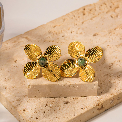 1 par de brincos elegantes com revestimento de aço inoxidável flor turquesa banhado a ouro 18K