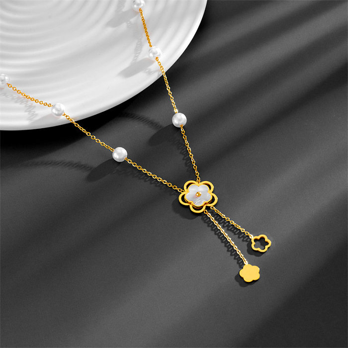 Collier avec pendentif en forme de fleur et pompon, Style Simple et doux, en acier inoxydable, placage de perles, incrustation de coquille