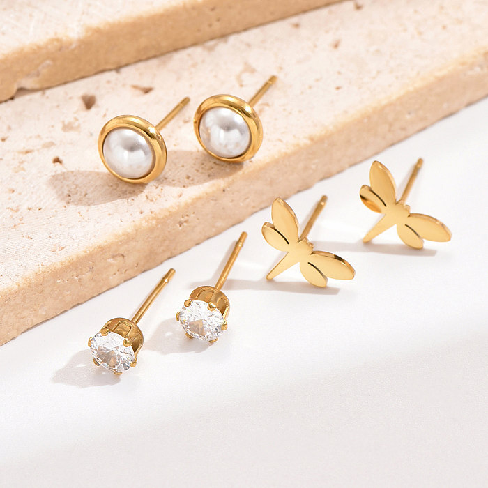 3 Paar Ohrstecker im süßen, schlichten Stil mit Perlen-Libellen-Beschichtung, Edelstahl, künstliche Perlen, Zirkon, 14 Karat vergoldet