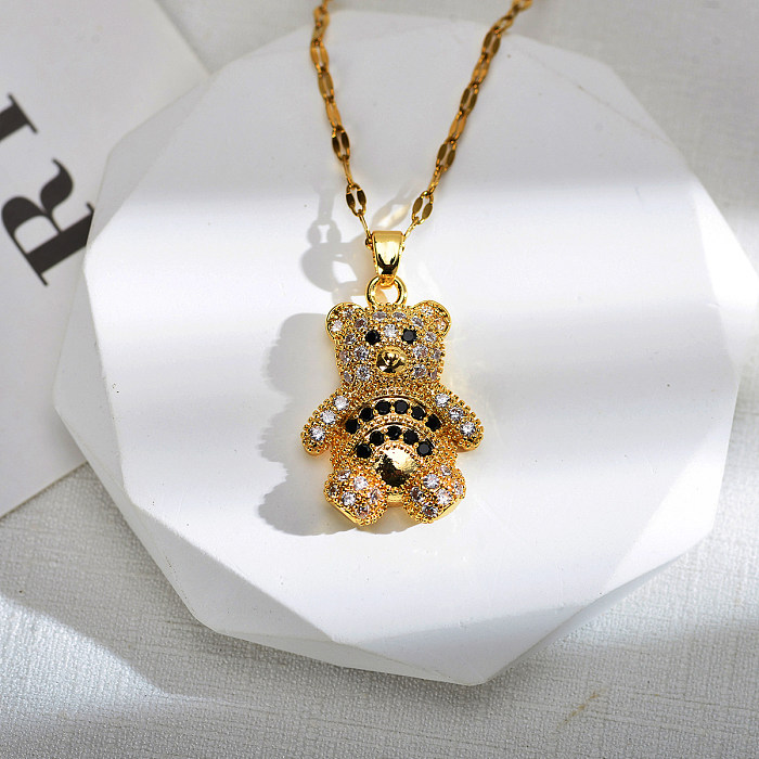 Cute Animal Bear Stainless Steel Copper Plating Inlay Zircon 18K Gold Plated Pendant Necklace