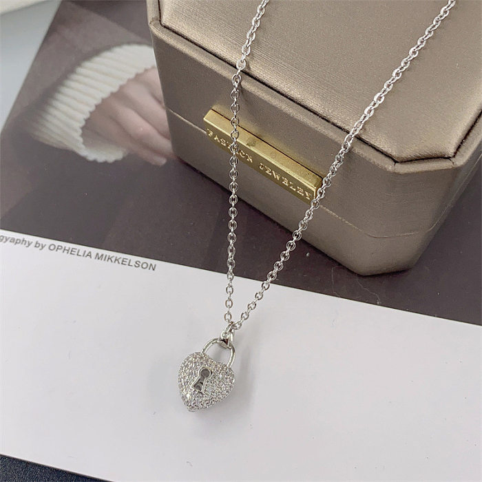 Fashion Heart Shape Lock Stainless Steel Plating Zircon Pendant Necklace