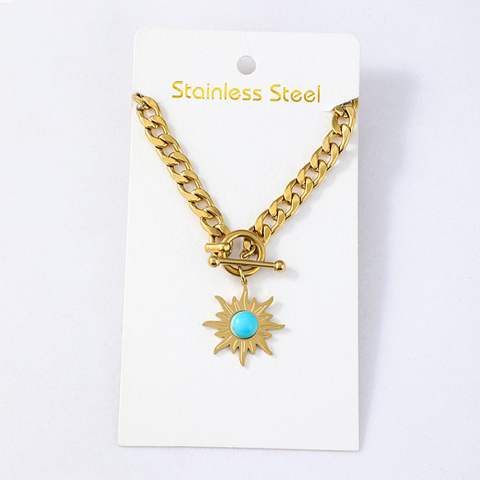 Simple Sunflower Turquoise Pendant Stainless Steel  Necklace