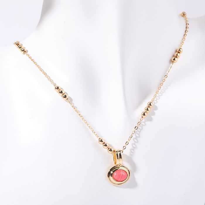 Lässiger, einfacher Stil, ovale Halskette mit Anhänger, Edelstahl-Beschichtung, künstliche Edelsteine, 18 Karat vergoldet