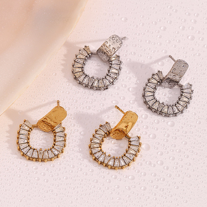1 paire de boucles d'oreilles pendantes en acier inoxydable et Zircon plaqué or 18 carats, style Simple et brillant, incrustation carrée brillante