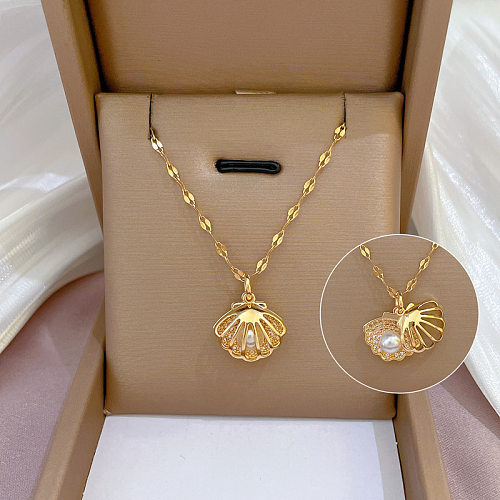 Schlichter Stil, Muschel-Kupfer, vergoldet, künstliche Perlen, Zirkon-Anhänger-Halskette, 1 Stück