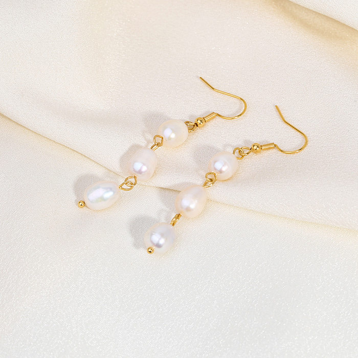 1 Pair Lady Romantic Water Droplets Beaded Plating Stainless Steel  Freshwater Pearl 18K Gold Plated Drop Earrings Ear Hook
