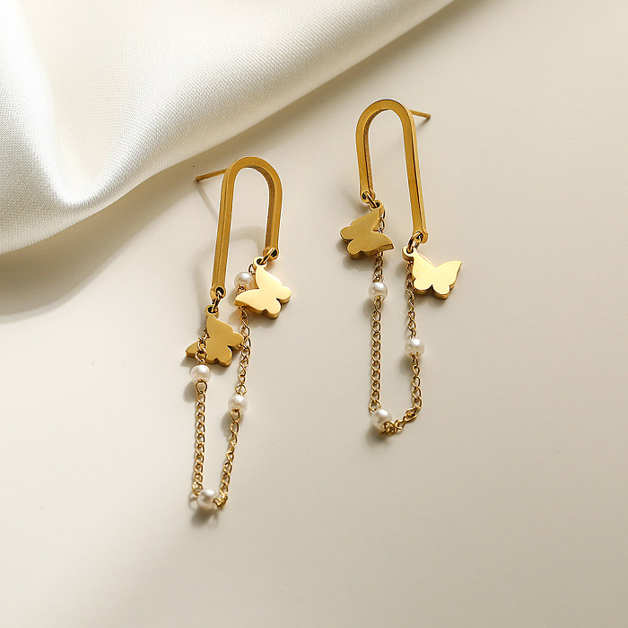 1 Pair Simple Style Commute Flower Butterfly Plating Inlay Stainless Steel Artificial Pearls 18K Gold Plated Drop Earrings