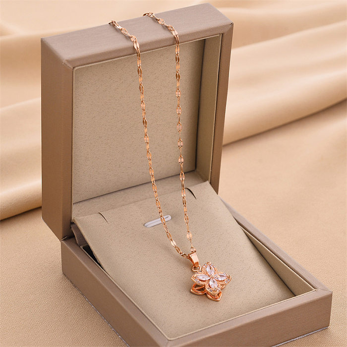 Simple Style Flower Stainless Steel Inlaid Zircon Pendant Necklace