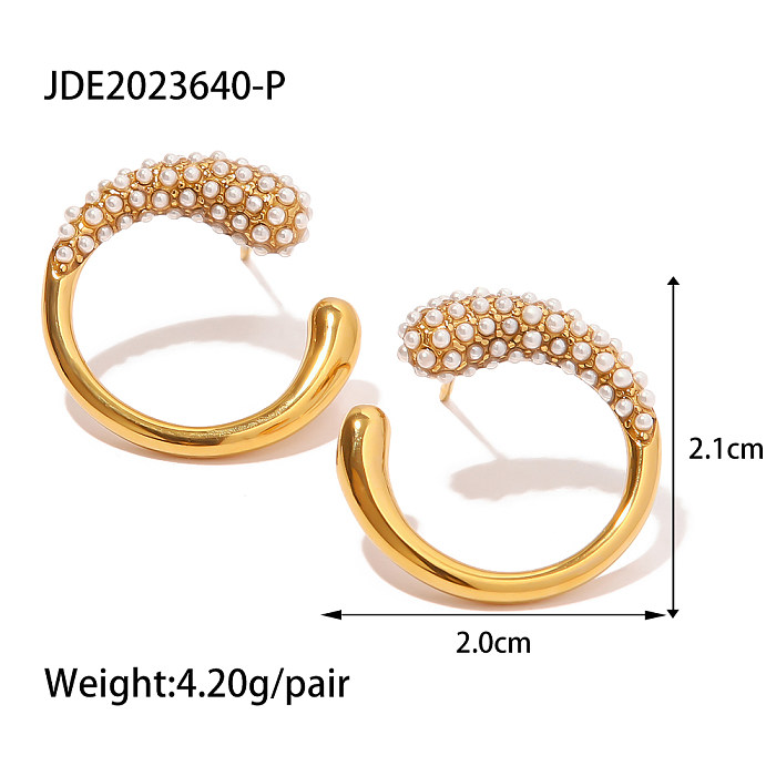 Fashion C Shape Stainless Steel  Inlay Pearl Zircon Ear Studs 1 Pair