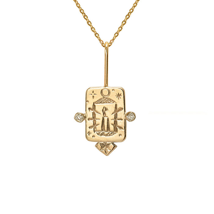 Vintage Style Commute Square Eye Stainless Steel  Plating Inlay Carving Zircon 18K Gold Plated Pendant Necklace