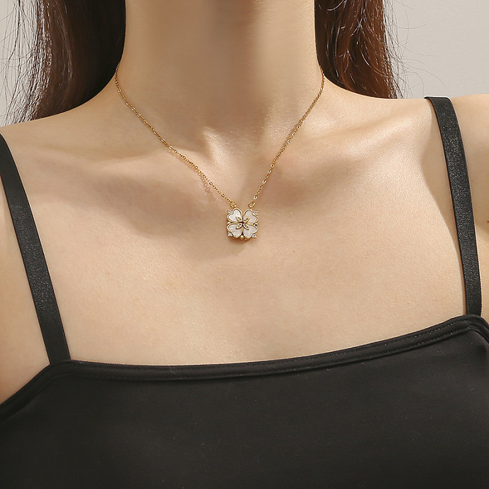 Casual Modern Style Four Leaf Clover Heart Shape Stainless Steel Polishing Plating Inlay Rhinestones Shell 18K Gold Plated Necklace