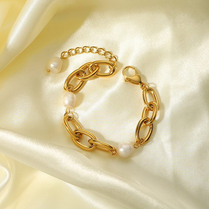 French Style Solid Color Stainless Steel Freshwater Pearl Plating 18K Gold Plated Bracelets