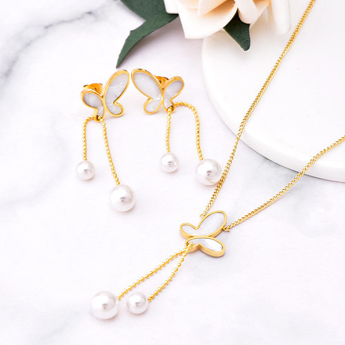 Mode Schmetterling Edelstahl Anhänger Halskette Inlay Künstliche Perlen Shell Edelstahl Halsketten